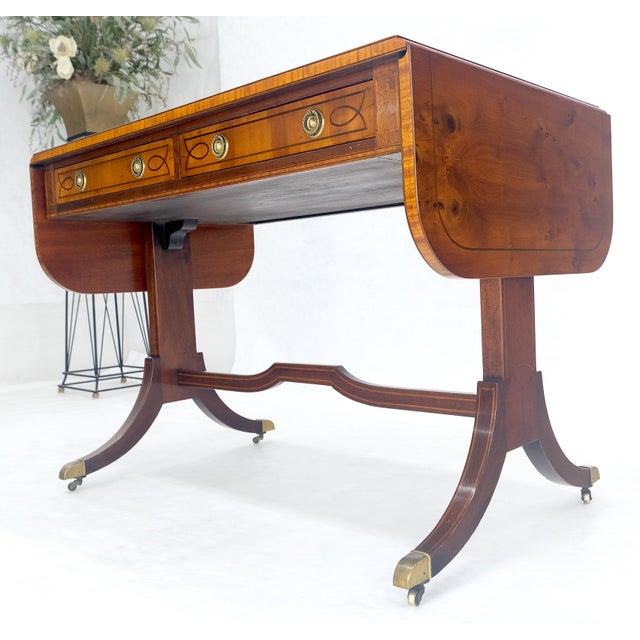 Yew Wood Drop Leaves Two Drawers Low Profile Brass Feet Desk Console Table MINT For Sale - Image 15 of 18