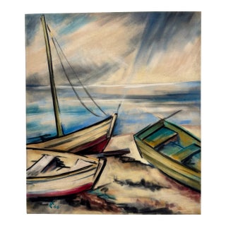 Henry Emil Salloch Original Pastel on Paper Expressionist Harbor Seascape, 1966. For Sale