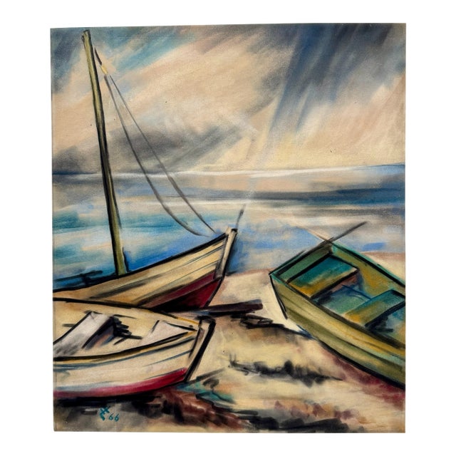 Henry Emil Salloch Original Pastel on Paper Expressionist Harbor Seascape, 1966. For Sale