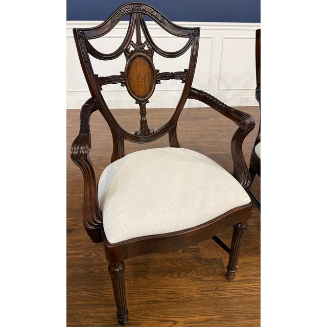 Set of Four Inlaid Shieldback Dining Chairs With Arms - Showroom Samples For Sale - Image 10 of 12