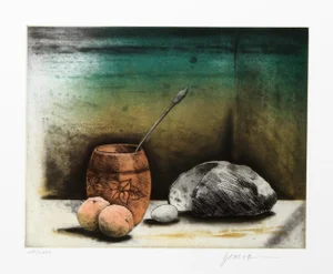 Miguel Herrera, Still Life With Bread and Peaches, Etching With Aquatint