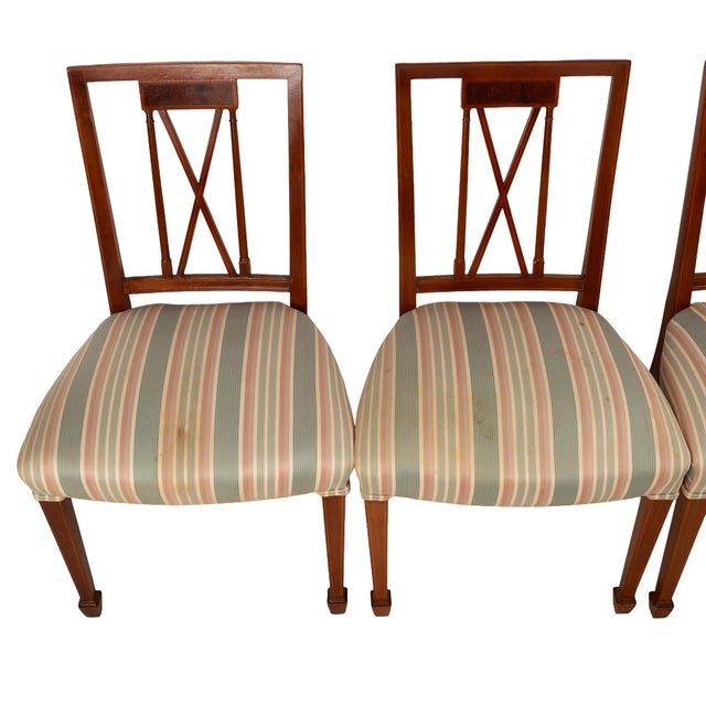 1950s Flame Mahogany Regency Style Dining Chairs – Sculpted Arms & Inlaid X-Backs - Set of 8 For Sale In Tampa - Image 6 of 18