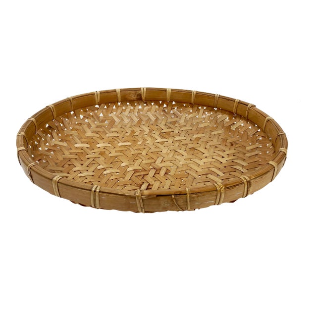 Vintage Woven Wicker and Rattan Basket Tray For Sale