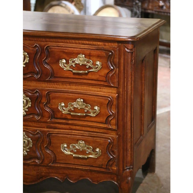 18th Century French Louis XV Carved Walnut Three-Drawer Commode Chest From Lyon For Sale - Image 4 of 12