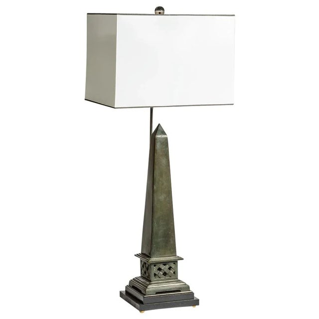 Vintage custom made pair of Bronze Obelisks Table Lamps on Wood stands. Custom made Black & White Paper shades. Recently...