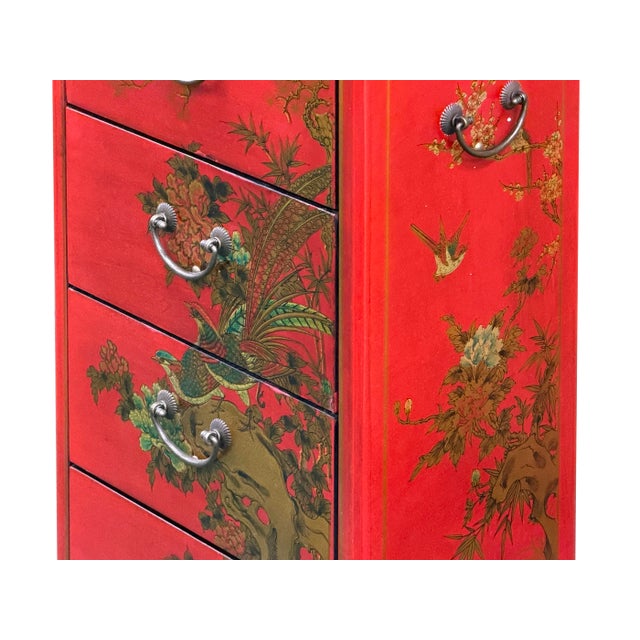Oriental Bright Red Golden Flower Bird Graphic Drawers Chest For Sale - Image 12 of 13