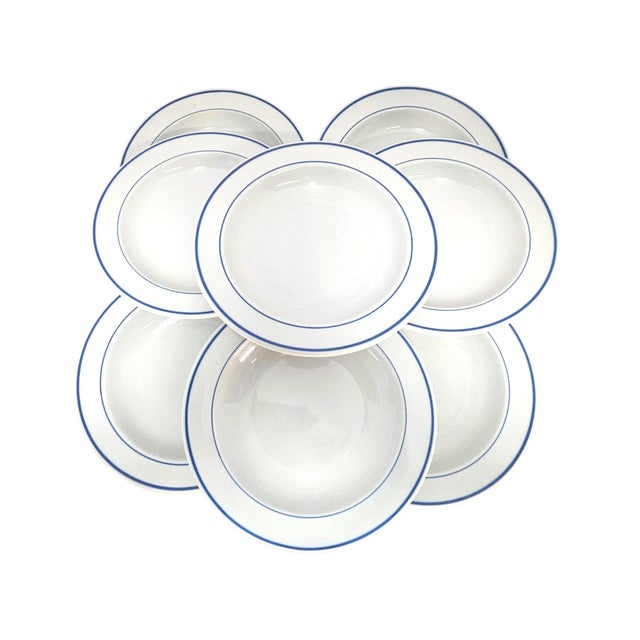 Contemporary 1970s Modern Alföldi Blue Band Alf5 Hungarian Porcelain Rimmed Soup Bowls, Set of 8 For Sale - Image 3 of 10