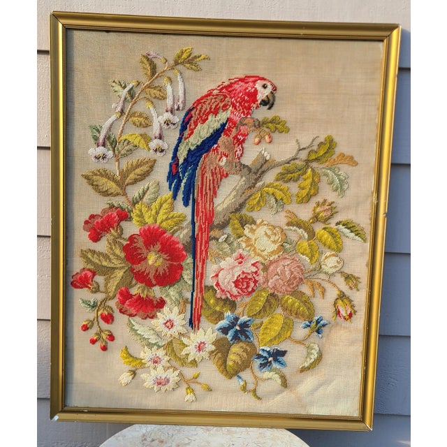 Vintage Macaw Parrot & Botanical Motif Folk Art Crewel