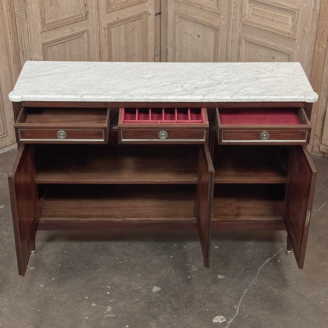French Louis XVI Carrara Marble Top Mahogany Buffet in the Maison Jansen Style, Mid-Century For Sale - Image 15 of 18