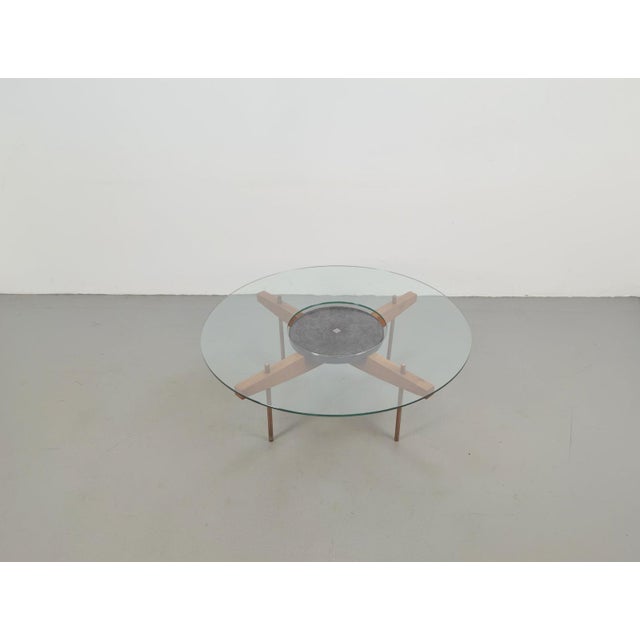 Round Glass Coffee Table with Wood X-Base, 1970 For Sale - Image 4 of 17