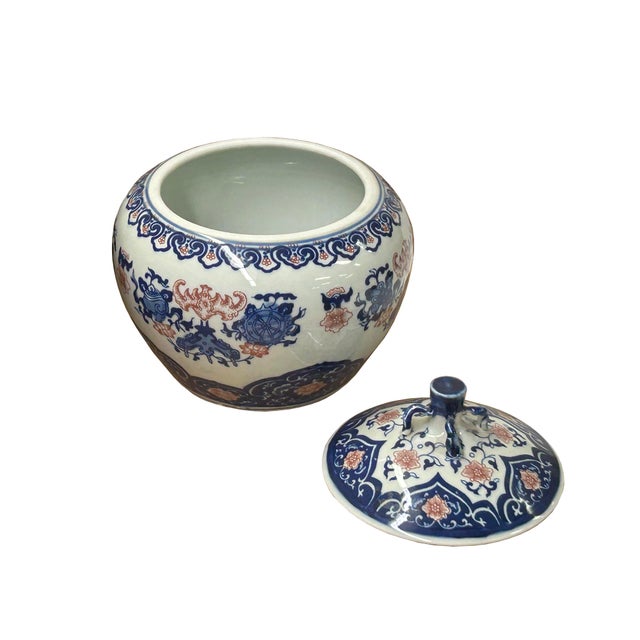 Oriental Blue White Red Symbol Bats Graphic Porcelain Round Container Box For Sale - Image 10 of 12