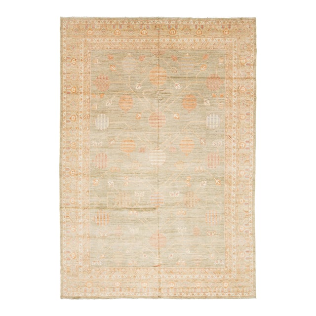 Artisan Sage & Terracotta Hand-Knotted Khotan Pomegranate Wool Rug 10x14 For Sale