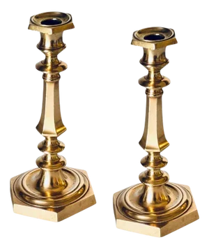 19th-Century French Gilded Bronze Candleholders with Octagonal Base, Set of 2