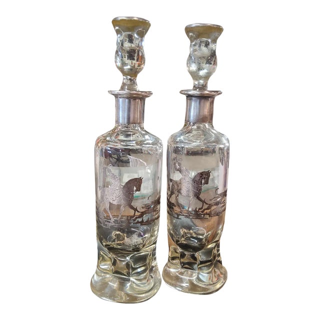 Pair of Equestrian Silver Overlay Decanters For Sale