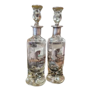 Pair of Equestrian Silver Overlay Decanters