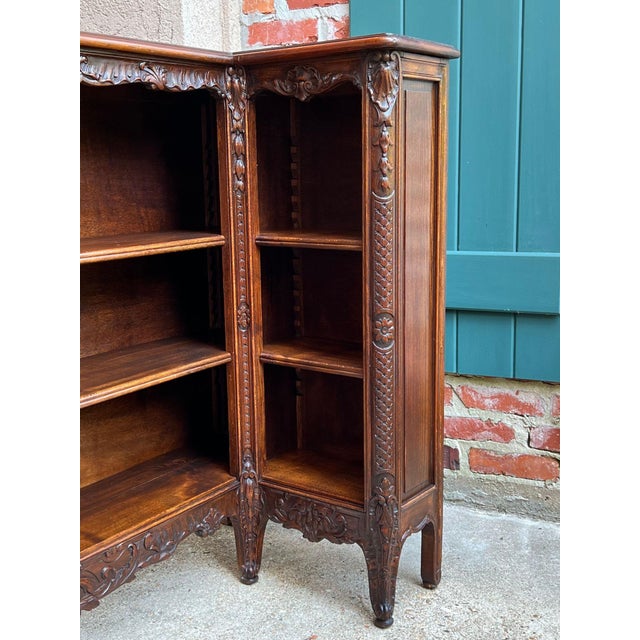 Antique French Corner Bookcase Carved Oak Louis XV Revival Open Shelves C1920 B For Sale - Image 15 of 18