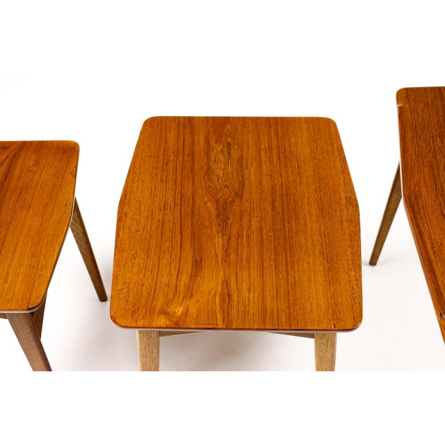 Danish Modern Mid Century Vintage Teak + Oak Nesting Tables — Set of Three — Attributed to Svend Aage Madsen For Sale - Image 14 of 15