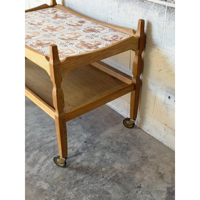 In Style of Henning Kjærnulf Oak Two-Tier Serving Bar Cart With Ceramic Tile Top Vintage Mid-Century Modern 1970s For Sale - Image 9 of 10