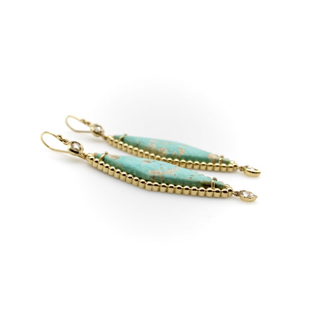 14k Gold Turquoise and Rose Cut Diamond Dangle Earrings, Pair For Sale - Image 4 of 9