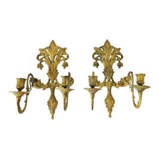 Pair Vintage Ornate Gold Metal Two Arm Candle Holder Wall Sconces For Sale