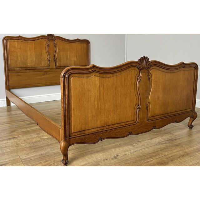 Vintage Louis XVI French Oak Double Bed Frame with Carved Headboard For Sale - Image 3 of 12