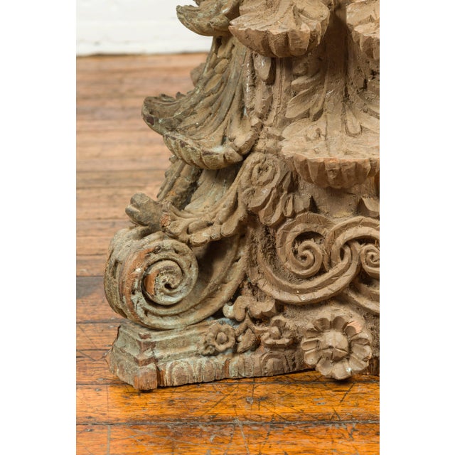 Wood Indian Antique Corinthian Temple Capital Carving with Distressed Patina For Sale - Image 7 of 13