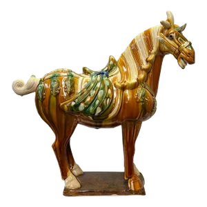 Chinese Distressed Tan Brown Color Glazed Ceramic Horse Figure