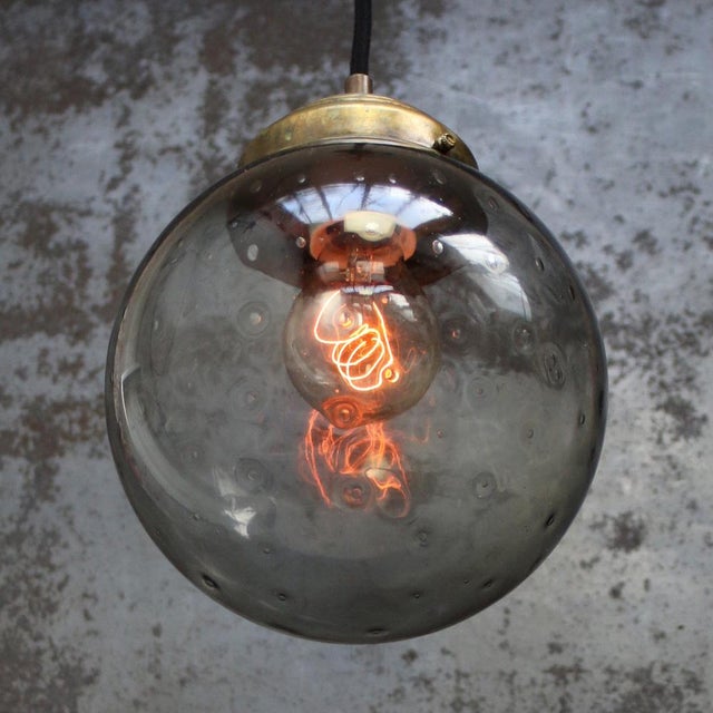 Mid-Century Modern Vintage Dutch Smoked Bubble Glass & Brass Pendant Light For Sale - Image 3 of 6