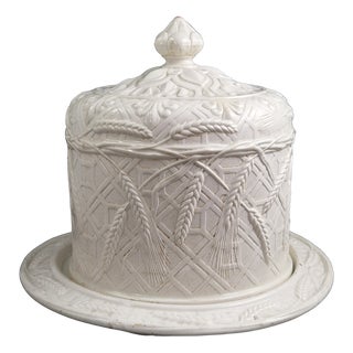 Antique Victorian White Ironstone Cheese Dome and Stand in Wheat and Lattice, 1875 For Sale