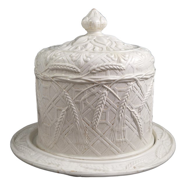 Antique Victorian White Ironstone Cheese Dome and Stand in Wheat and Lattice, 1875 For Sale