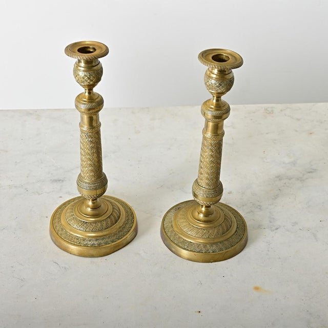 Metal French Pair of 19th Century Empire Brass Candlesticks For Sale - Image 7 of 12