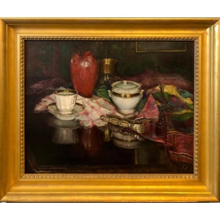 Nina Karasek, 1925 Viennese Oil Painting Interior Still Life with Porcelain Vase, Tapestry Rug, 1925 For Sale