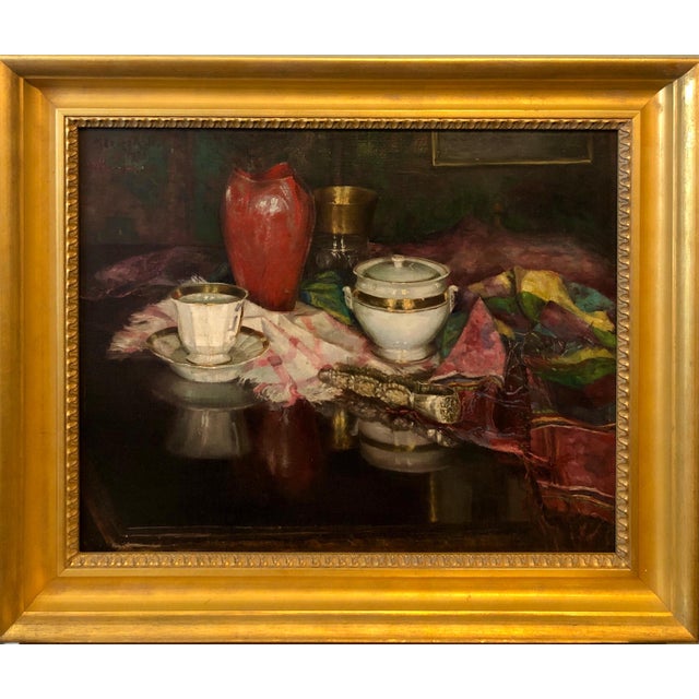 Nina Karasek, 1925 Viennese Oil Painting Interior Still Life with Porcelain Vase, Tapestry Rug, 1925 For Sale