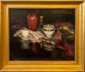 Nina Karasek, 1925 Viennese Oil Painting Interior Still Life with Porcelain Vase, Tapestry Rug, 1925