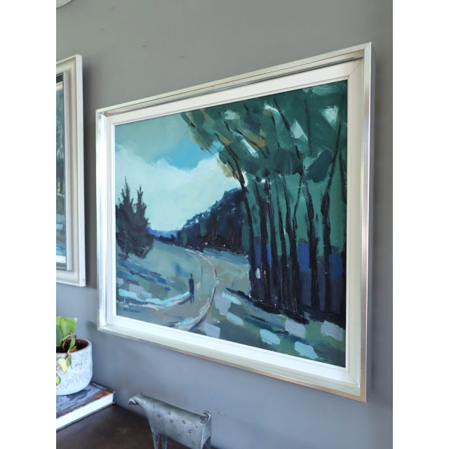Textile Mid-Century Modern 'The Long Turn Home' Vintage Swedish Expressive Landscape Oil Painting, Framed For Sale - Image 7 of 16