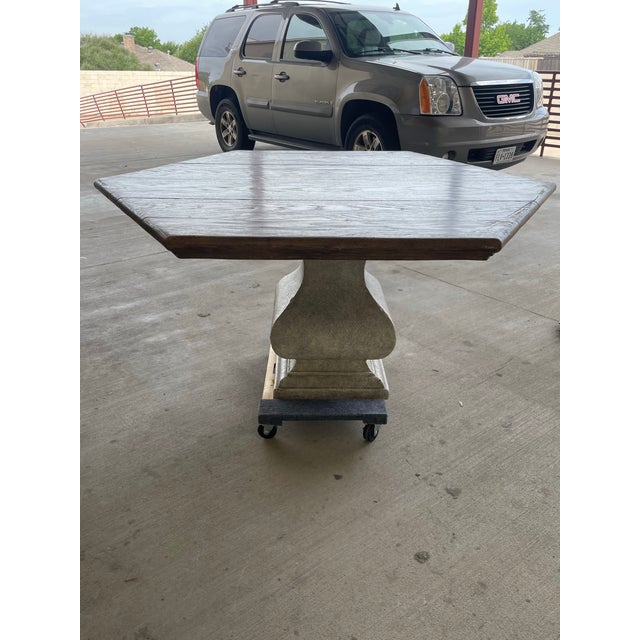 1990s French Distressed Hexagonal Dining Table With Cast Pedestal For Sale - Image 5 of 8