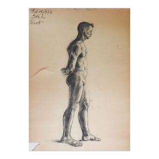 Vintage 1950s Charcoal Seated Male Figure Study Drawing For Sale