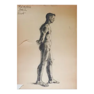 Vintage 1950s Charcoal Seated Male Figure Study Drawing