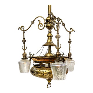 Vintage 4-Light Mughal-Style Pierced Brass Chandelier With Crescent Motif For Sale