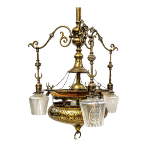Vintage 4-Light Mughal-Style Pierced Brass Chandelier With Crescent Motif