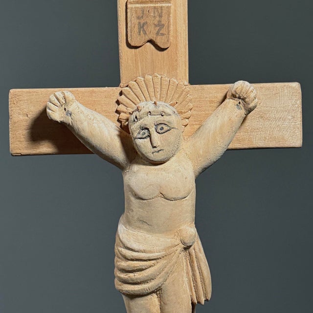 1970s Vintage European Folk Art Modernist Hand Carved Crucifix Sculpture For Sale - Image 5 of 10