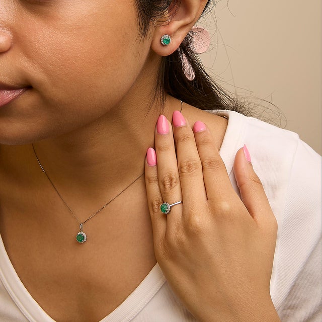 Early 21st Century 10K White Gold Green Emerald and 3/8 Cttw Diamond Halo Jewelry Set (Earrings, Pendant & Ring) For Sale - Image 5 of 6