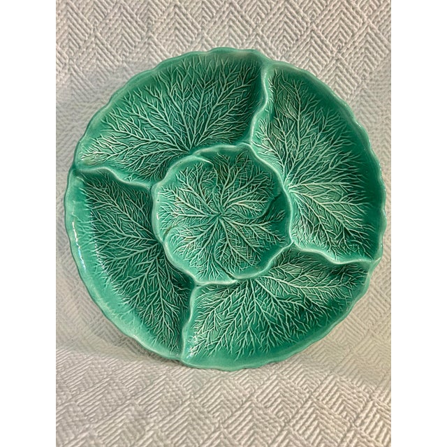 Vintage Majolica Style Usa Calif Pottery Cabbage Leaf Divided Serving Dish For Sale - Image 9 of 9