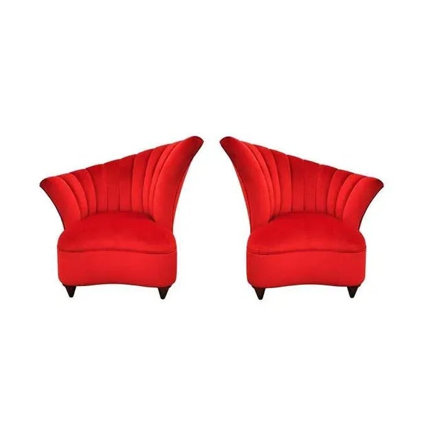 Red Hollywood Regency Scalloped Asymmetrical Red Velvet Chairs - A Pair For Sale - Image 8 of 9
