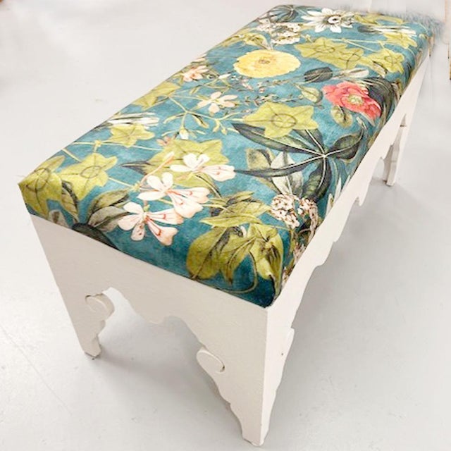 One-of-A-Kind Carved Wood Bench with Passiflora Fabric Seat 43"W x 20"D x 21.5"H