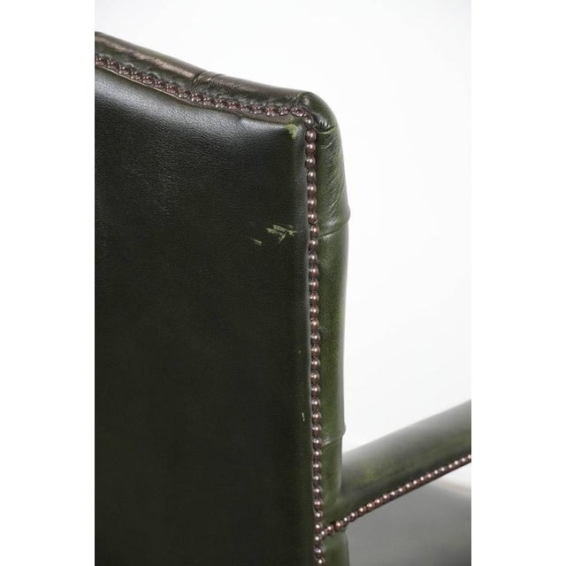 English Style Dark Green Cowhide and Wooden Chesterfield Swivel Desk Chair For Sale - Image 16 of 18
