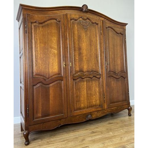 Vintage French Louis XVI Style Carved Oak 3-Door Armoire For Sale - Image 3 of 13