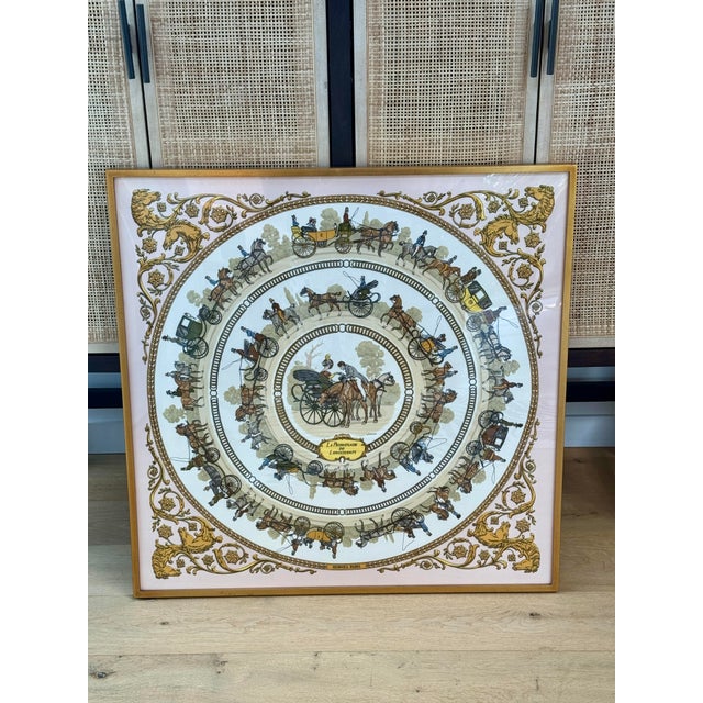 Beautifully framed vintage Hermes silk scarf in the iconic La Promenade de Longchamps pattern by premiere artist Philippe...