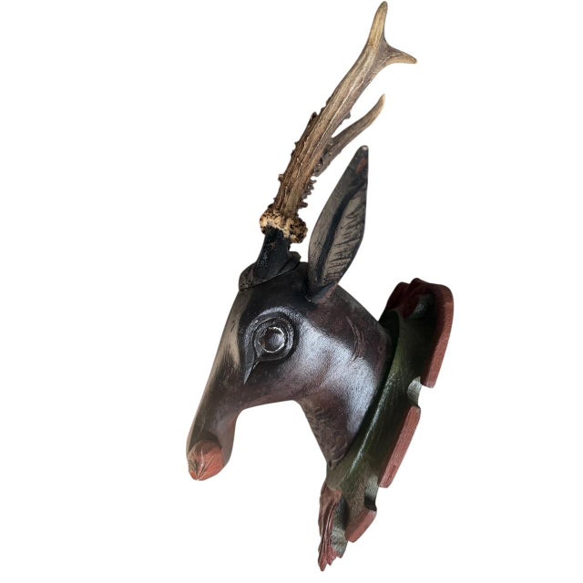 Black Forest Wood Carved Deer Head Trophy Antlers Carving For Sale - Image 4 of 6