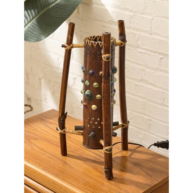 Burnt Umber Vintage 1970s Bamboo & Rattan Sculptural Table Lamp With Glass Cabochons. For Sale - Image 8 of 12